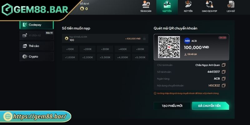 Nạp Tiền GEM88 Nhanh Chóng Và An Toàn Cho Mọi Thành Viên 1 Bằng ngân hàng online